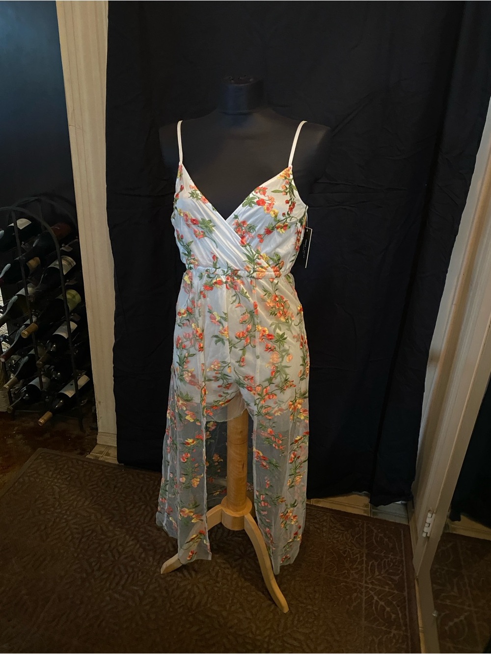 Floral Wrap Maxi Dress Over Shorts Romper with Sheer Overlay - White/Floral